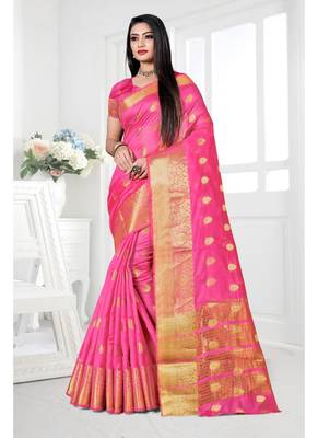 Pink woven cotton silk saree with blouse 1