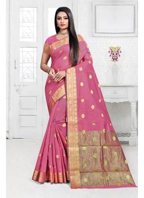 Pink woven cotton silk saree with blouse 1