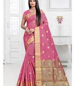 Pink woven cotton silk saree with blouse