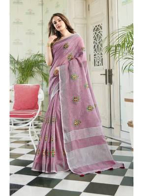 Pink embroidered linen saree with blouse 1