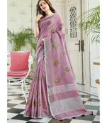 Pink embroidered linen saree with blouse