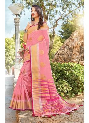Pink woven linen saree with blouse 1