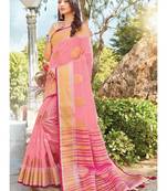 Pink woven linen saree with blouse