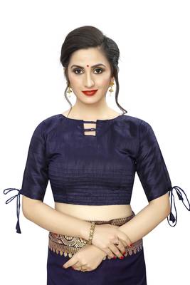 Navy blue plain art silk saree with blouse 5