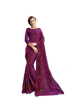 Purple embroidered silk blend saree with blouse 1