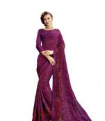 Purple embroidered silk blend saree with blouse