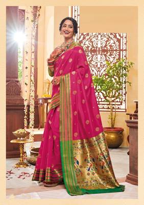 Rani pink woven banarasi silk saree with blouse 1