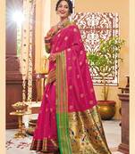 Rani pink woven banarasi silk saree with blouse