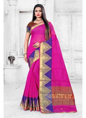 Rani pink woven cotton silk saree with blouse 1