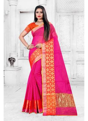 Rani pink woven cotton silk saree with blouse 1