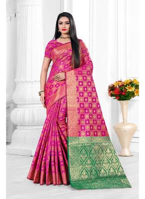 Rani pink woven banarasi silk saree with blouse 1