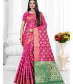 Rani pink woven banarasi silk saree with blouse