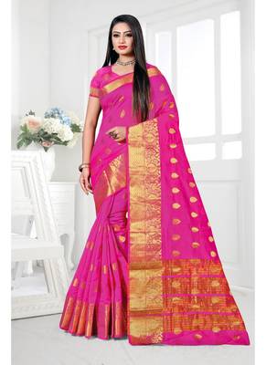 Rani pink woven cotton silk saree with blouse 1