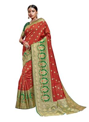 Red woven art silk saree with blouse 1