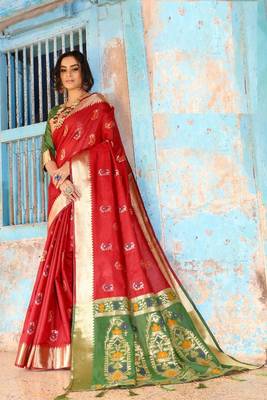 Red woven cotton silk saree with blouse 1