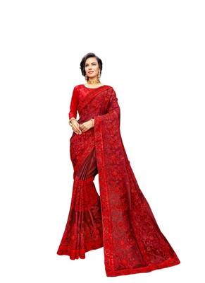Red embroidered georgette saree with blouse 1