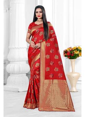 Red woven banarasi silk saree with blouse 1