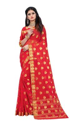 Red woven chiffon saree with blouse 1