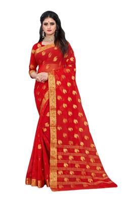 Red woven chiffon saree with blouse 1