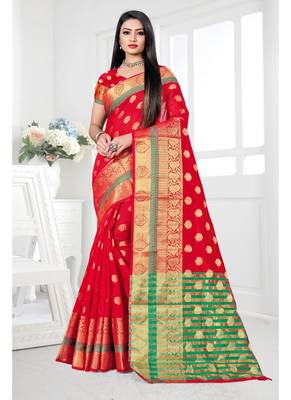 Red woven cotton silk saree with blouse 1