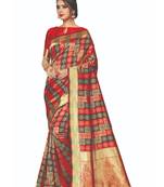 Red woven jacquard saree with blouse
