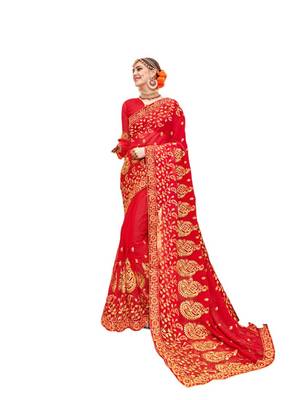 Red embroidered georgette saree with blouse 1