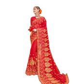 Red embroidered georgette saree with blouse
