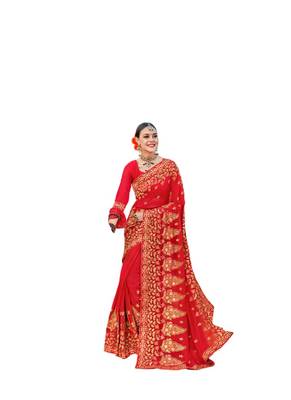 Red embroidered georgette saree with blouse 1
