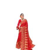 Red embroidered georgette saree with blouse