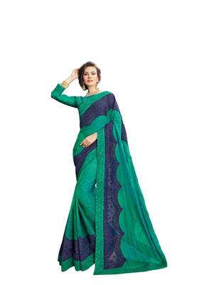 Sea green embroidered silk blend saree with blouse 1