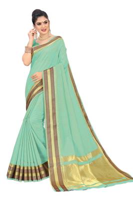 Sea green printed cotton saree with blouse 1