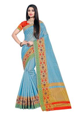 Sky blue woven organza saree with blouse 1