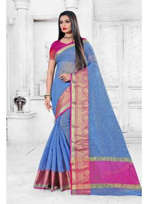 Sky blue woven cotton silk saree with blouse 1
