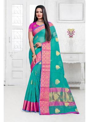 Sky blue woven cotton silk saree with blouse 1