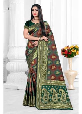 Teal woven banarasi silk saree with blouse 1