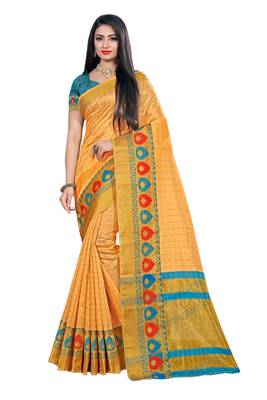 Yellow woven organza saree with blouse 1