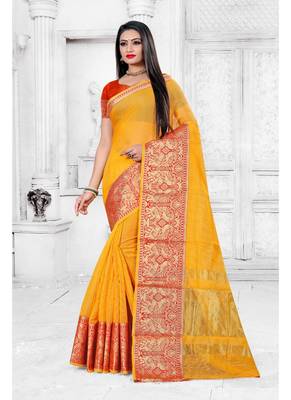 Yellow woven cotton silk saree with blouse 1