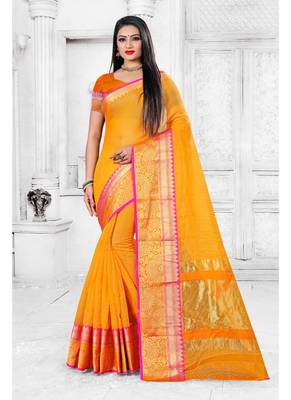 Yellow woven cotton silk saree with blouse 1