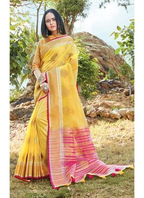 Yellow woven linen saree with blouse 1