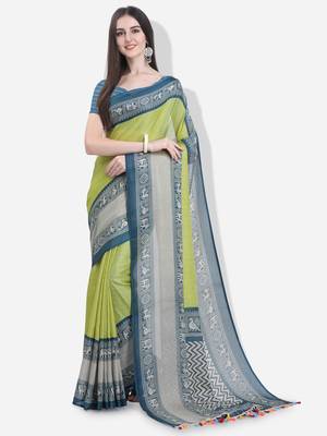 Light yellow printed linen saree with blouse 1
