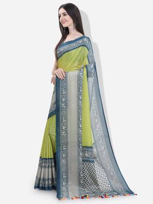 Light yellow printed linen saree with blouse 2