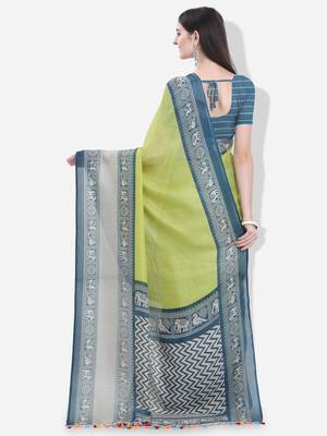 Light yellow printed linen saree with blouse 3