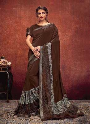 Brown embroidered lycra saree with blouse 1