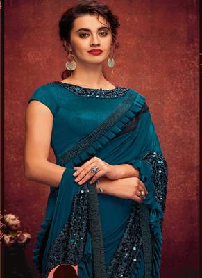 Teal embroidered lycra saree with blouse 2