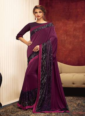 Wine embroidered lycra saree with blouse 1
