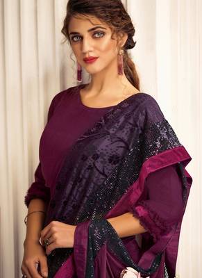 Wine embroidered lycra saree with blouse 2