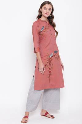 Light brown embroidered rayon ethnic-kurtis 4