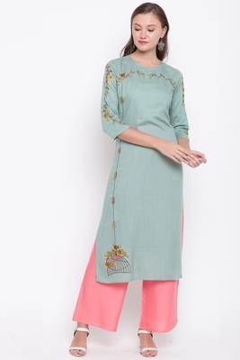 Light green embroidered rayon ethnic-kurtis 1
