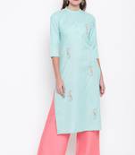 Sky blue embroidered cotton cotton-kurtis