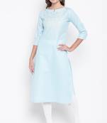 Sky blue embroidered cotton cotton-kurtis